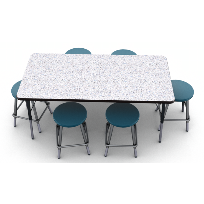 Grey Glace laminate top with Black edge and Black leg, shown with 6 Artcobell 0801 stools in Navy