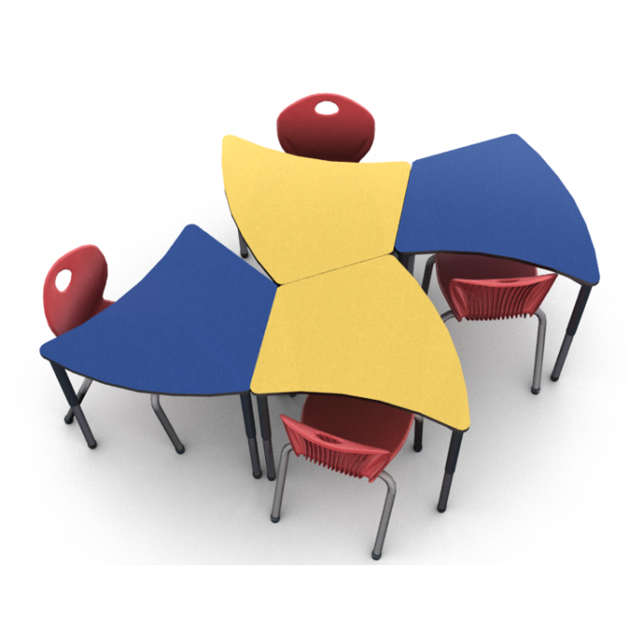 4 desks shown in Quince and Blue Curacao with 4 D10A 18"H chairs in Ruby Red