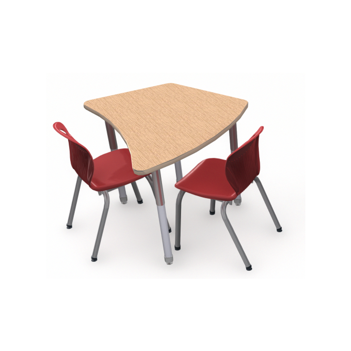 Banister Oak laminate with Titanium edge and Titanium leg, shown with 2 Alphabet chairs in Ruby Red