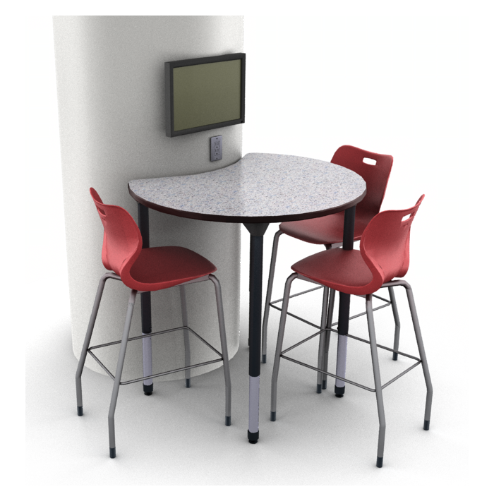 Shown in standing height in Grey Glace with Alphabet 30”H Stools in Ruby Red stationed around a 36” round column