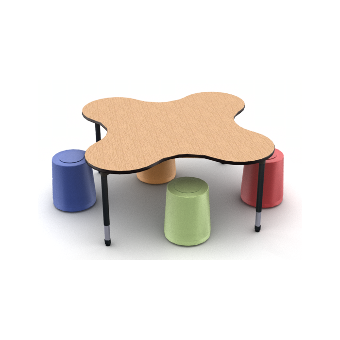 Bannister Oak laminate with Black edge and Black leg, shown with MOV stools