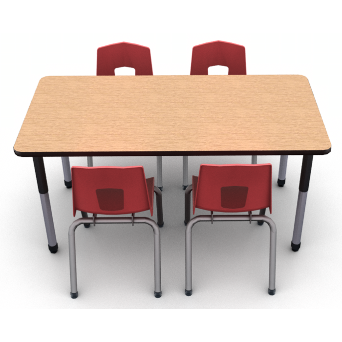 Shown with Bannister Oak with Black edge and leg, with four 7107 Uniflex Chairs in Ruby Red