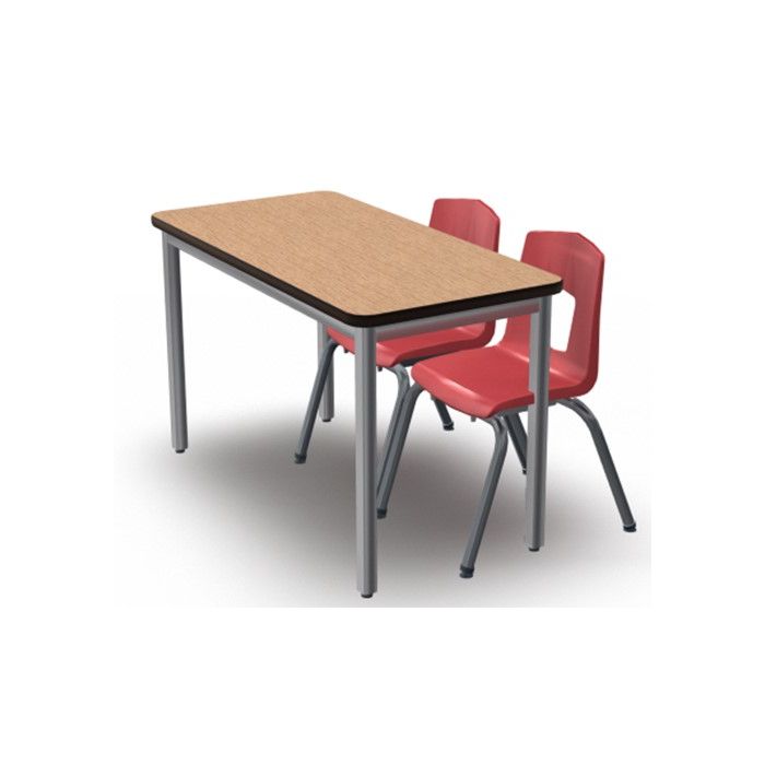 Shown in Bannister Oak Top, Black Edge, Titanium Legs, Chairs (7107) Ruby Red