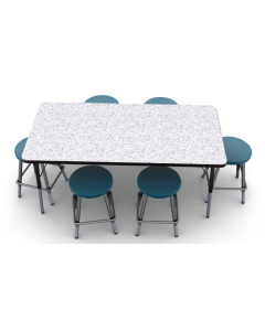 Grey Glace laminate top with Black edge and Black leg, shown with 6 Artcobell 0801 stools in Navy