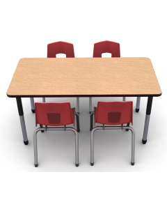 Shown with Bannister Oak with Black edge and leg, with four 7107 Uniflex Chairs in Ruby Red