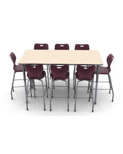 Flax Linen laminate with Titanium edge and Titanium leg, shown with 8 Alphabet 30"H stools in Wine